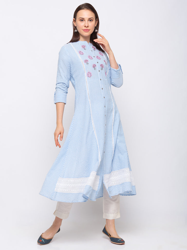 Fusion Cotton Women Blue Kurta