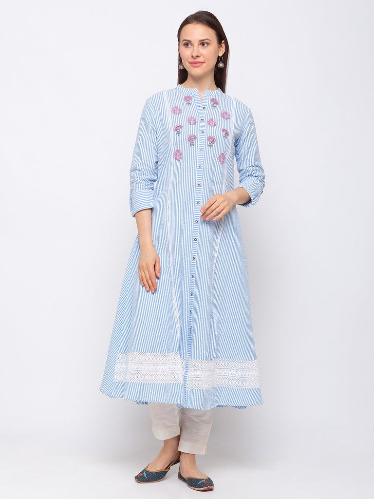 Fusion Cotton Women Blue Kurta