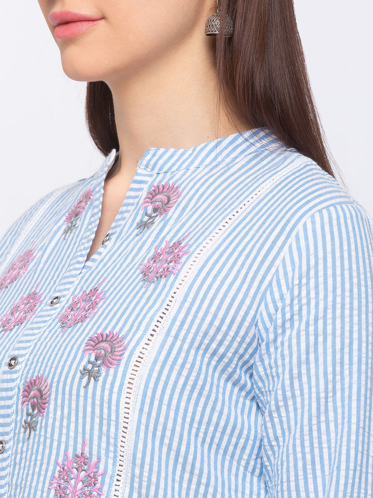 Fusion Cotton Women Blue Kurta