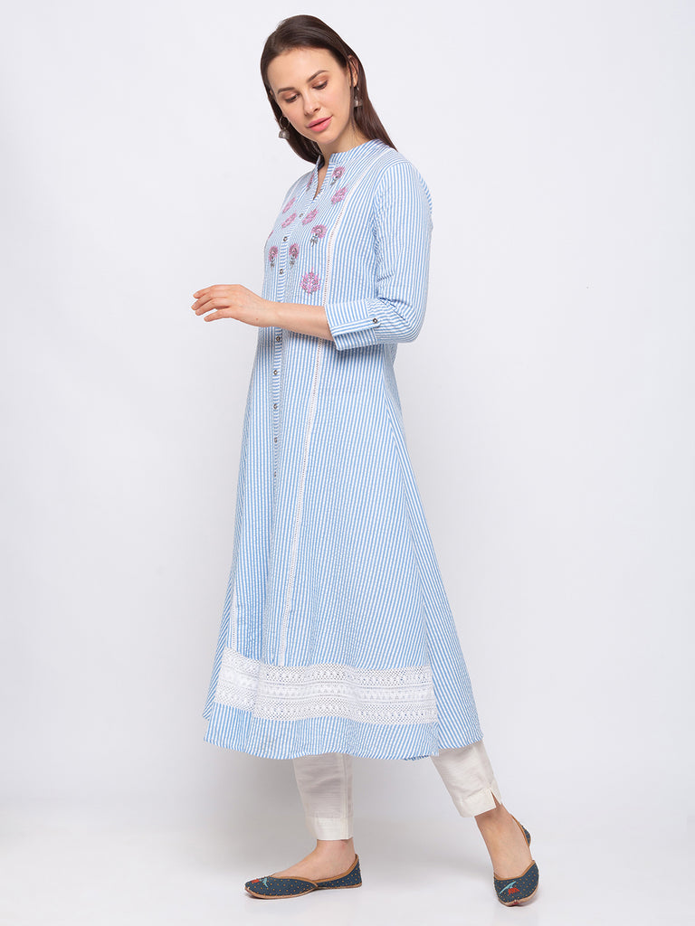 Fusion Cotton Women Blue Kurta