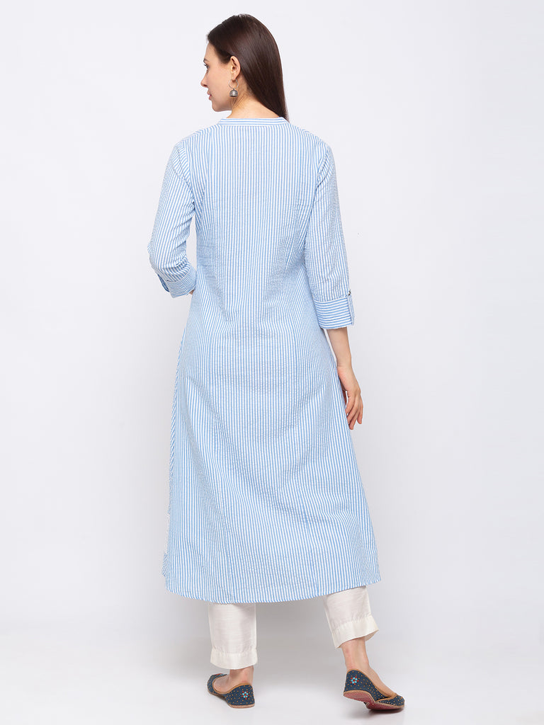 Fusion Cotton Women Blue Kurta