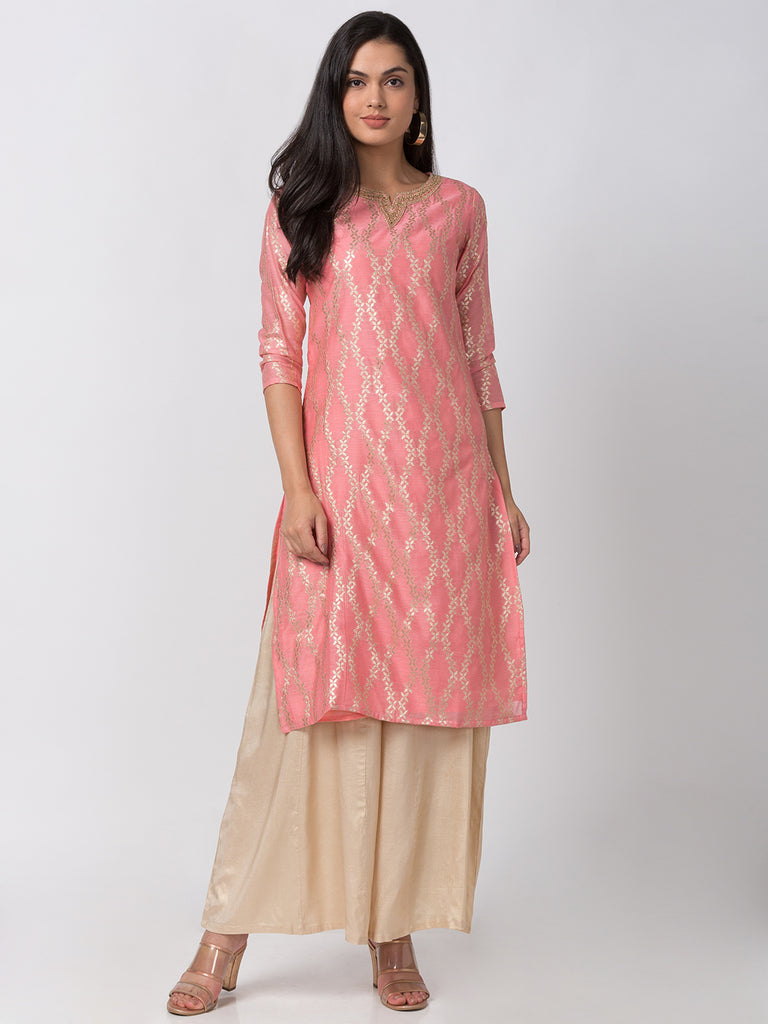 Semi Festive Women Straight Three-Fourth Powder Pink Kurta