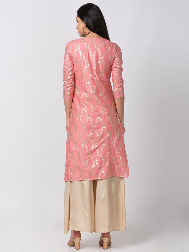 Semi Festive Women Straight Three-Fourth Powder Pink Kurta