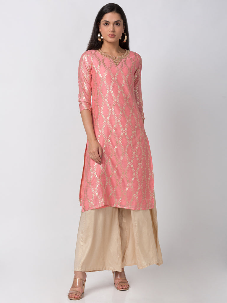 Semi Festive Women Straight Three-Fourth Powder Pink Kurta