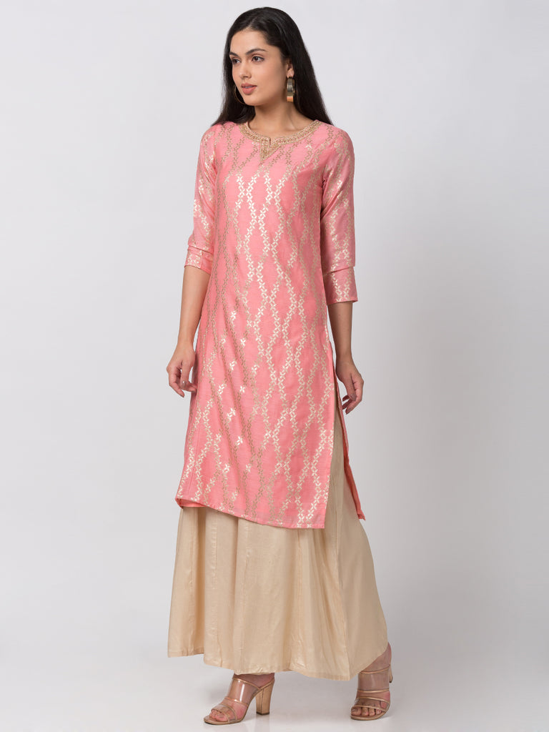 Semi Festive Women Straight Three-Fourth Powder Pink Kurta