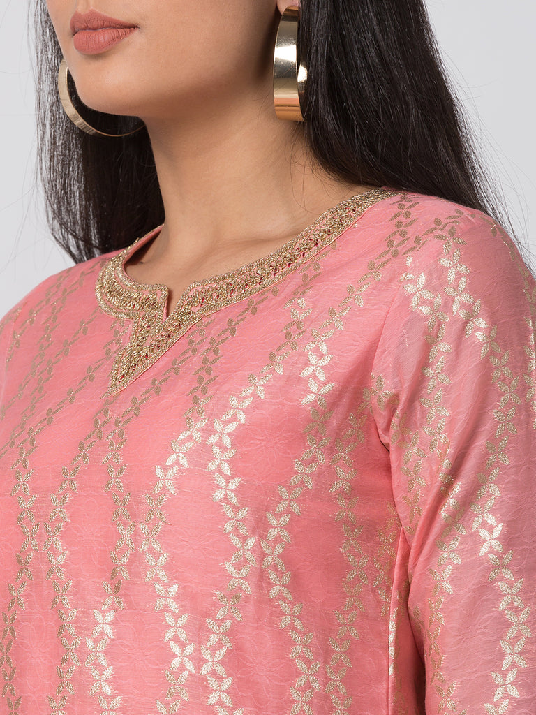 Semi Festive Women Straight Three-Fourth Powder Pink Kurta