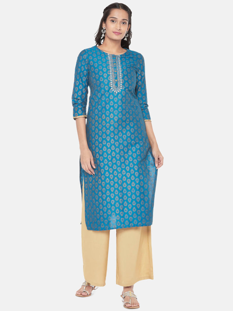 Powerloom Three-Fourth Straight Women Teal Kurta
