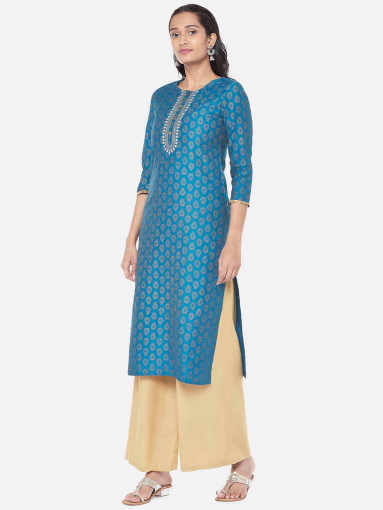 Powerloom Three-Fourth Straight Women Teal Kurta