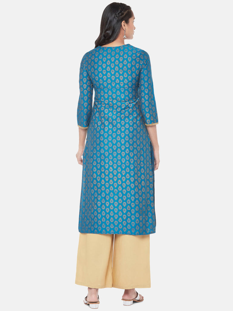 Powerloom Three-Fourth Straight Women Teal Kurta