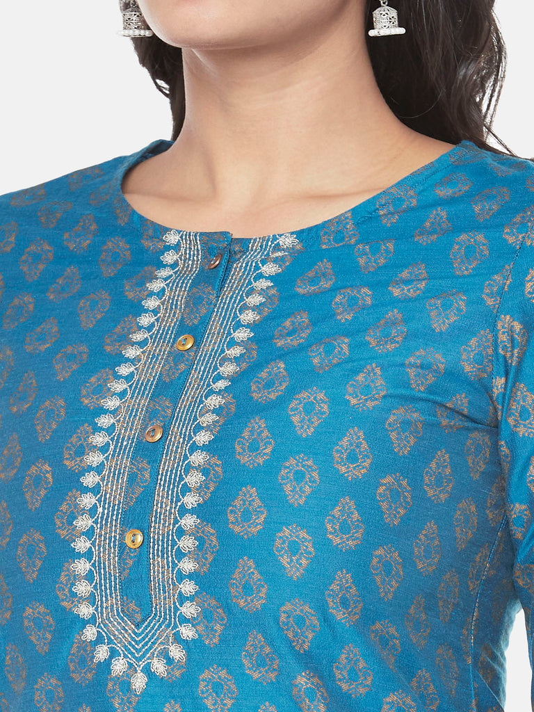 Powerloom Three-Fourth Straight Women Teal Kurta