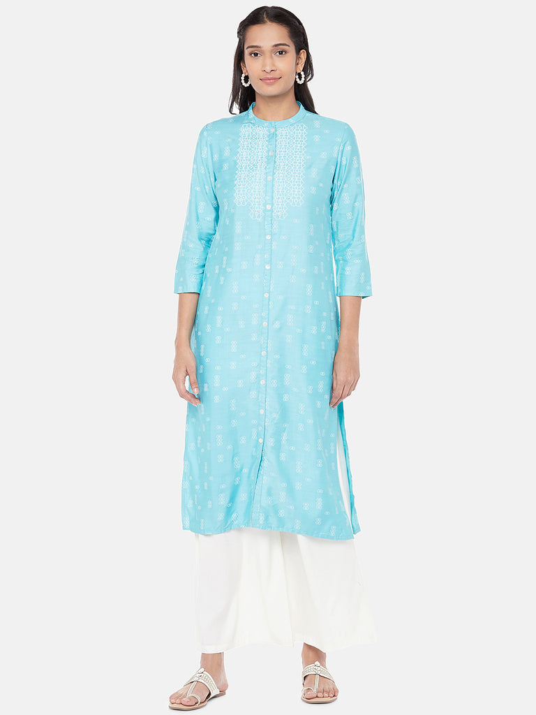 Powerloom Three-Fourth Straight Women Turq Kurta