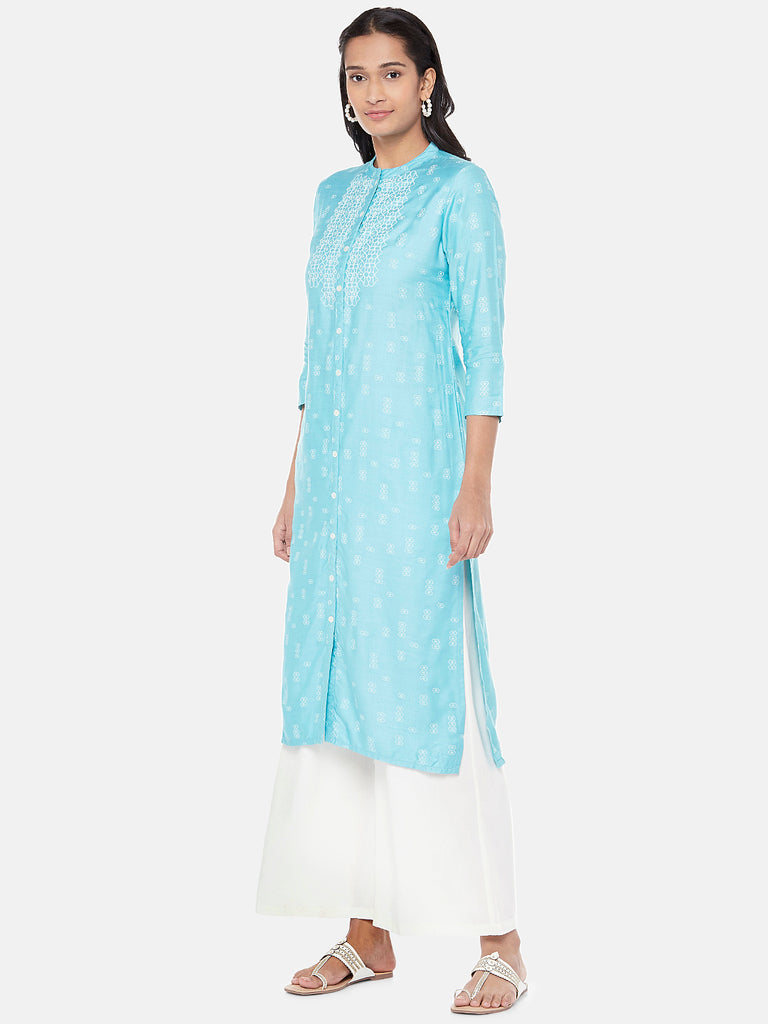 Powerloom Three-Fourth Straight Women Turq Kurta