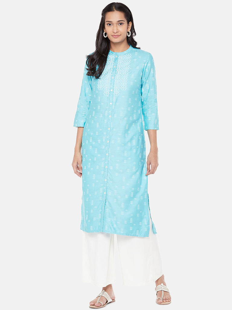 Powerloom Three-Fourth Straight Women Turq Kurta