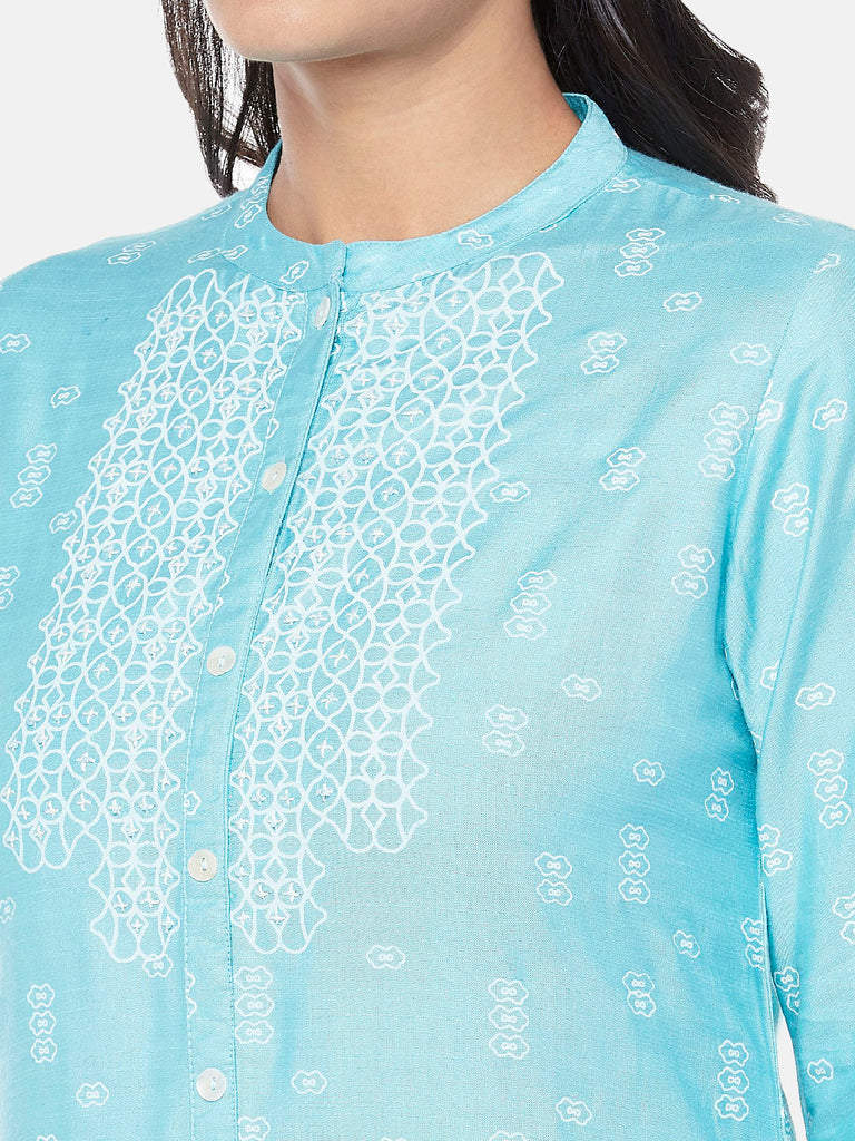 Powerloom Three-Fourth Straight Women Turq Kurta