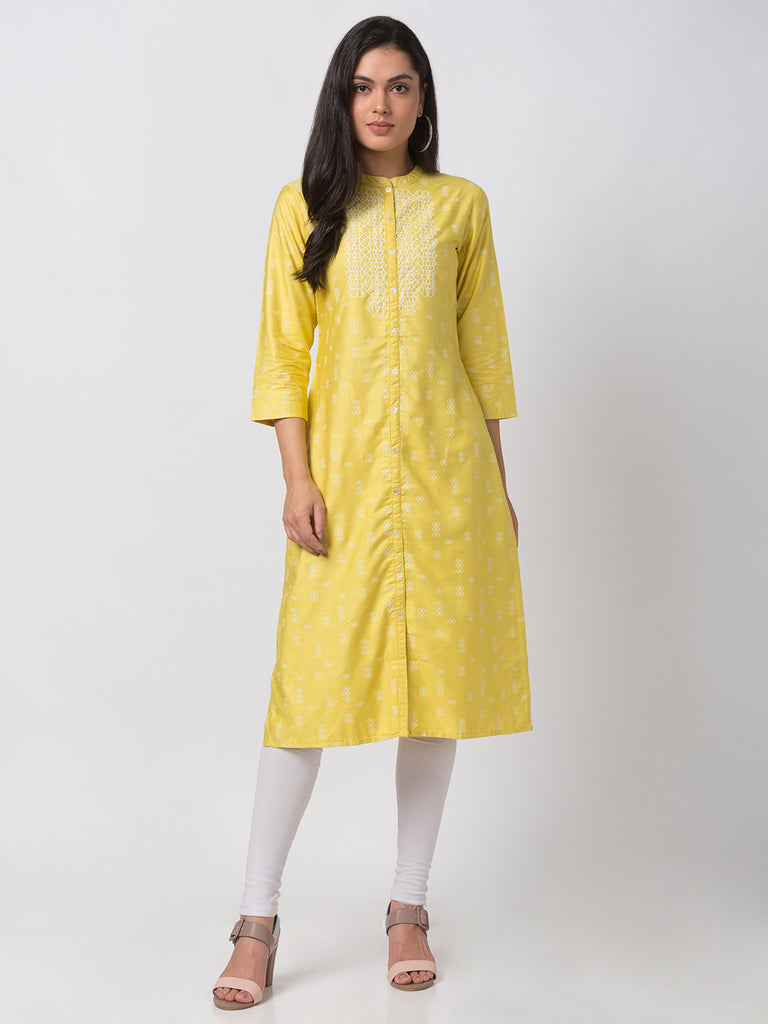 Women Straight Three-Fourth Yellow Kurta