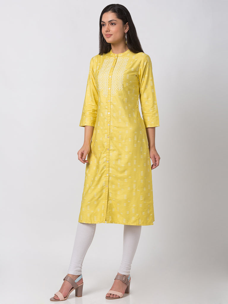 Women Straight Three-Fourth Yellow Kurta