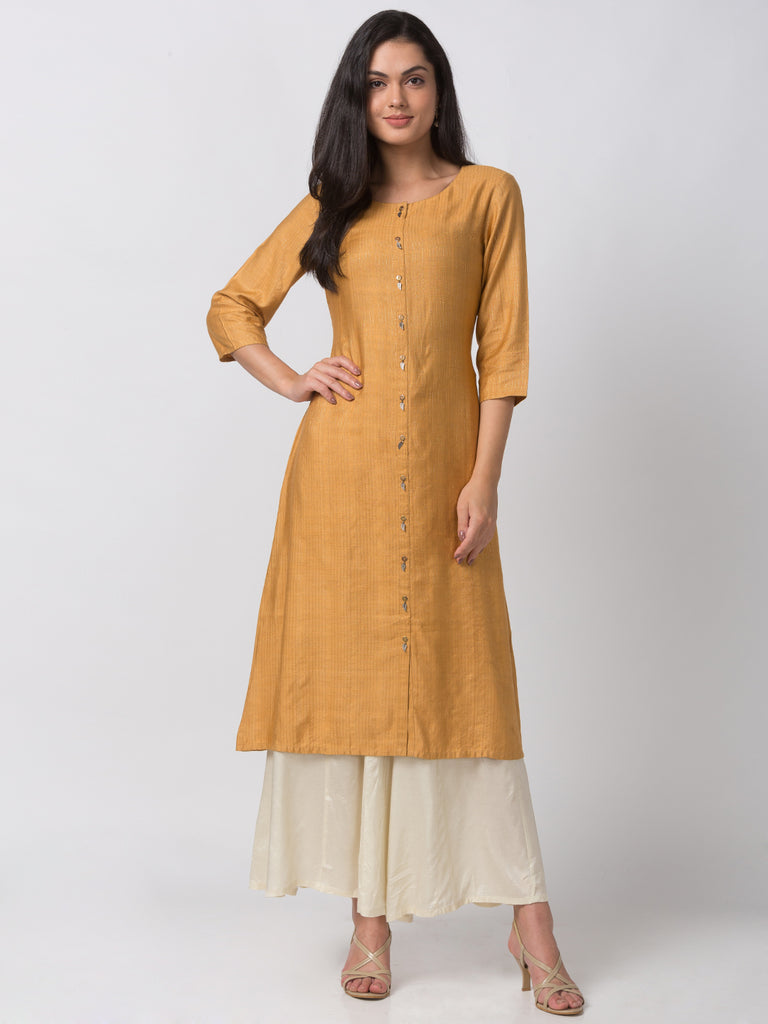 Women Straight Three-Fourth Mustard Kurta