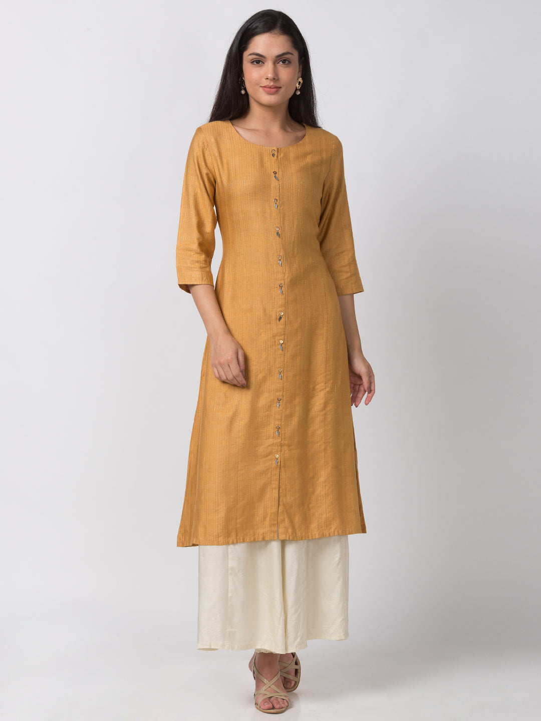 Women Straight Three-Fourth Mustard Kurta