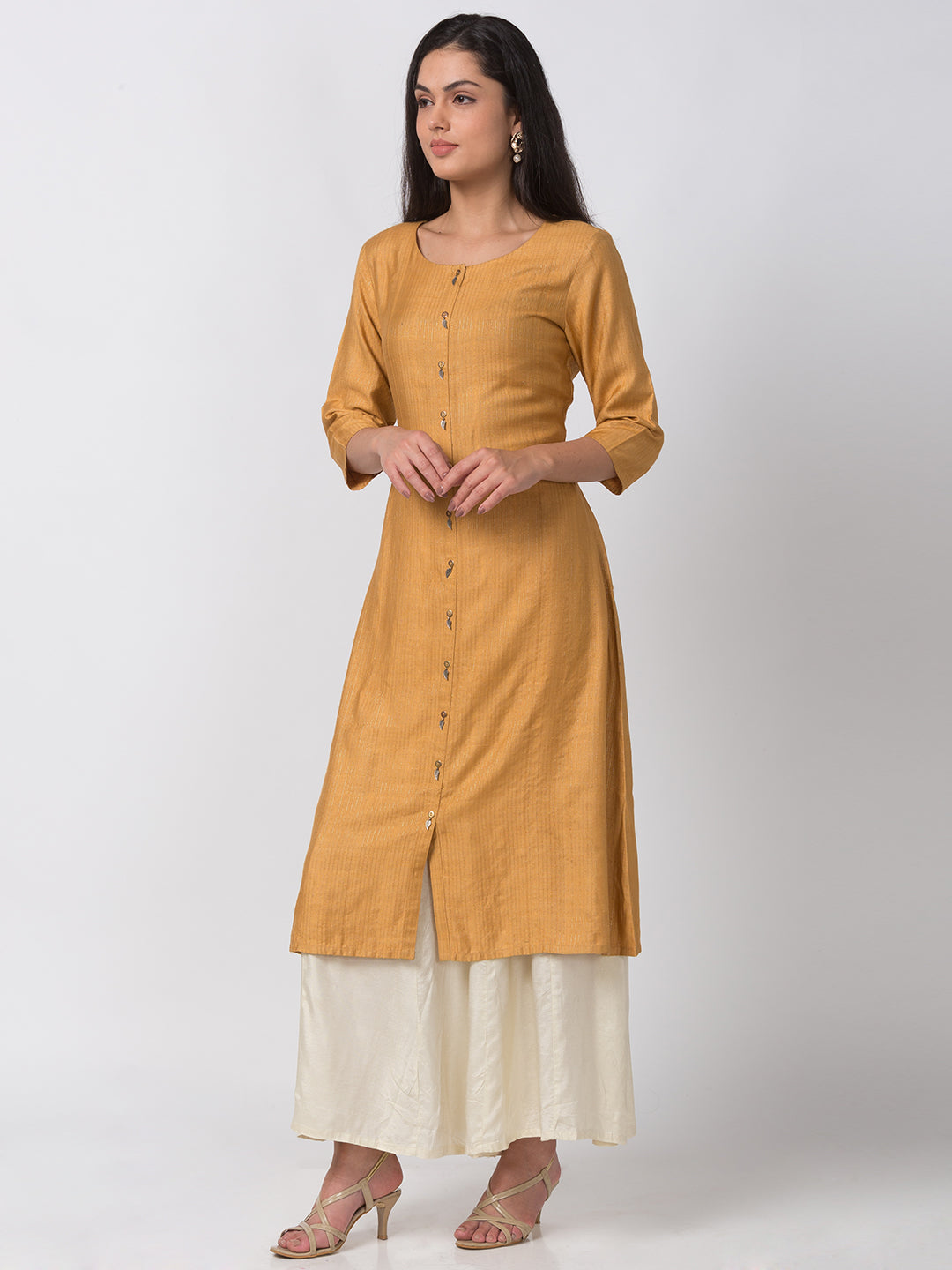 Women Straight Three-Fourth Mustard Kurta