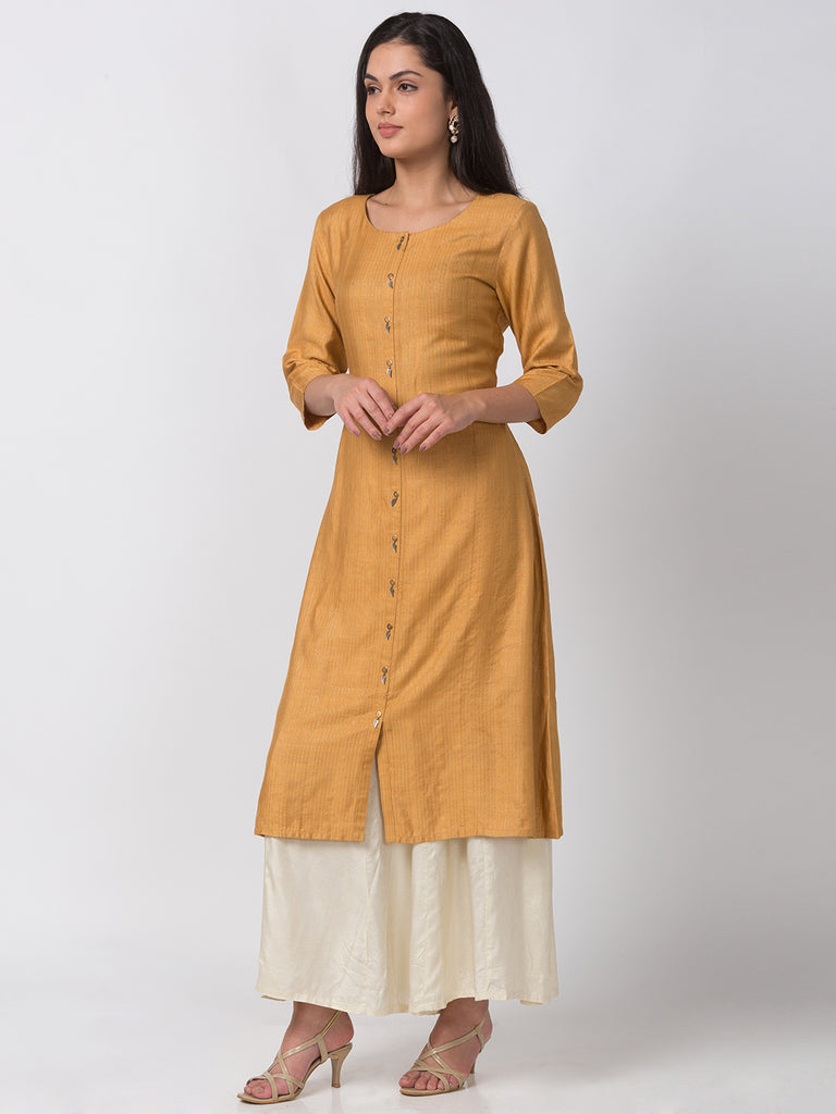 Women Straight Three-Fourth Mustard Kurta