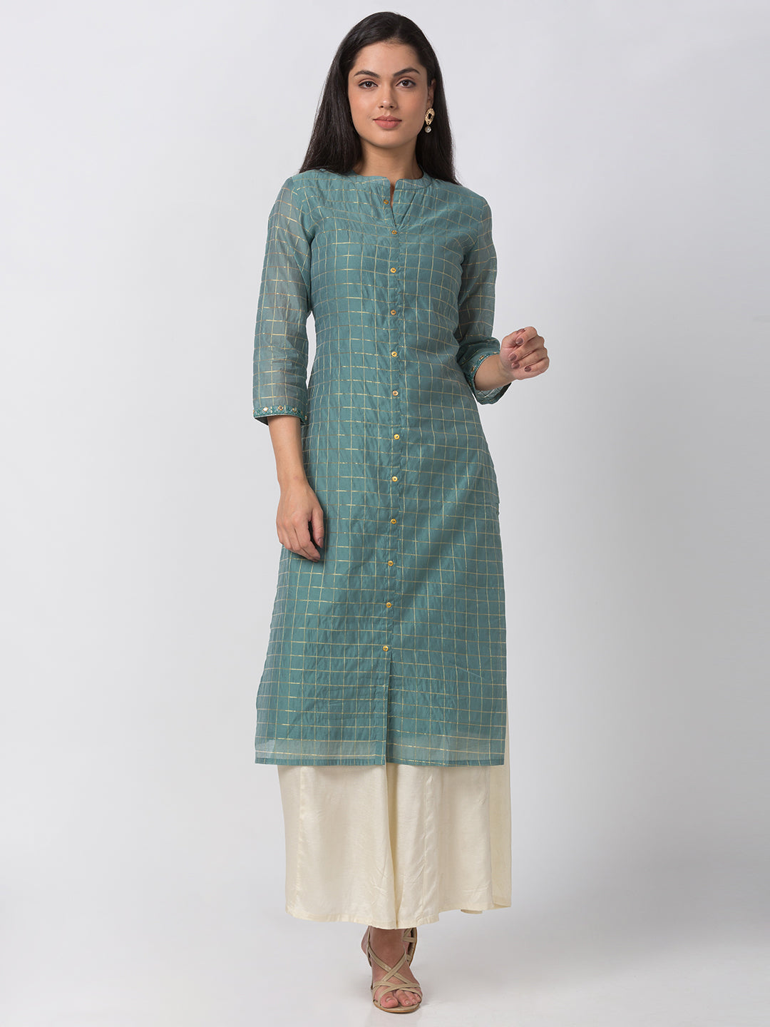 Women Straight Three-Fourth Blue Kurta