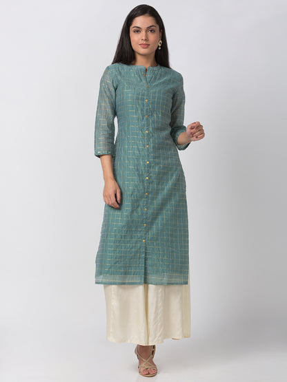 Women Straight Three-Fourth Blue Kurta