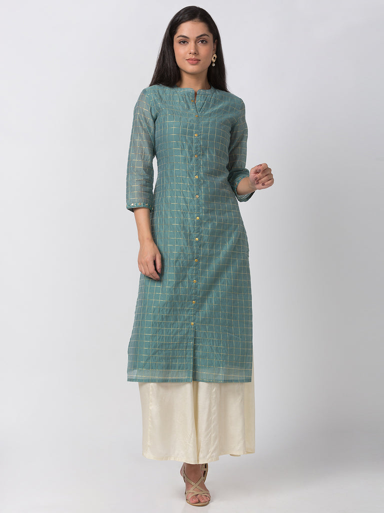 Women Straight Three-Fourth Blue Kurta