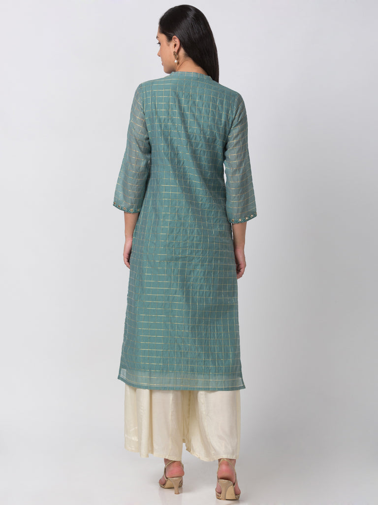 Women Straight Three-Fourth Blue Kurta