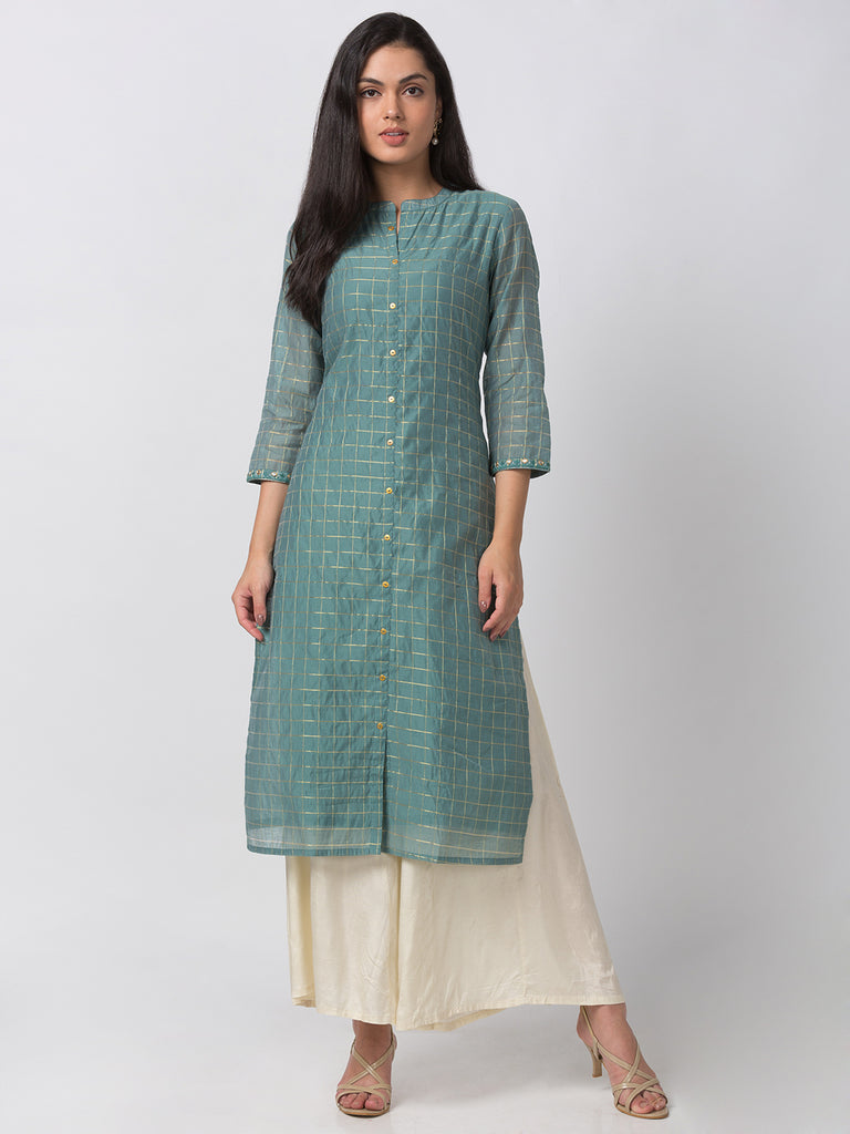 Women Straight Three-Fourth Blue Kurta
