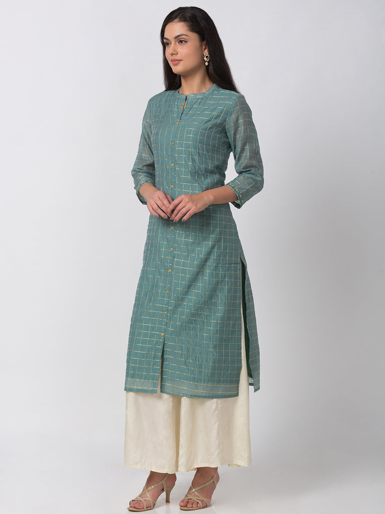 Women Straight Three-Fourth Blue Kurta