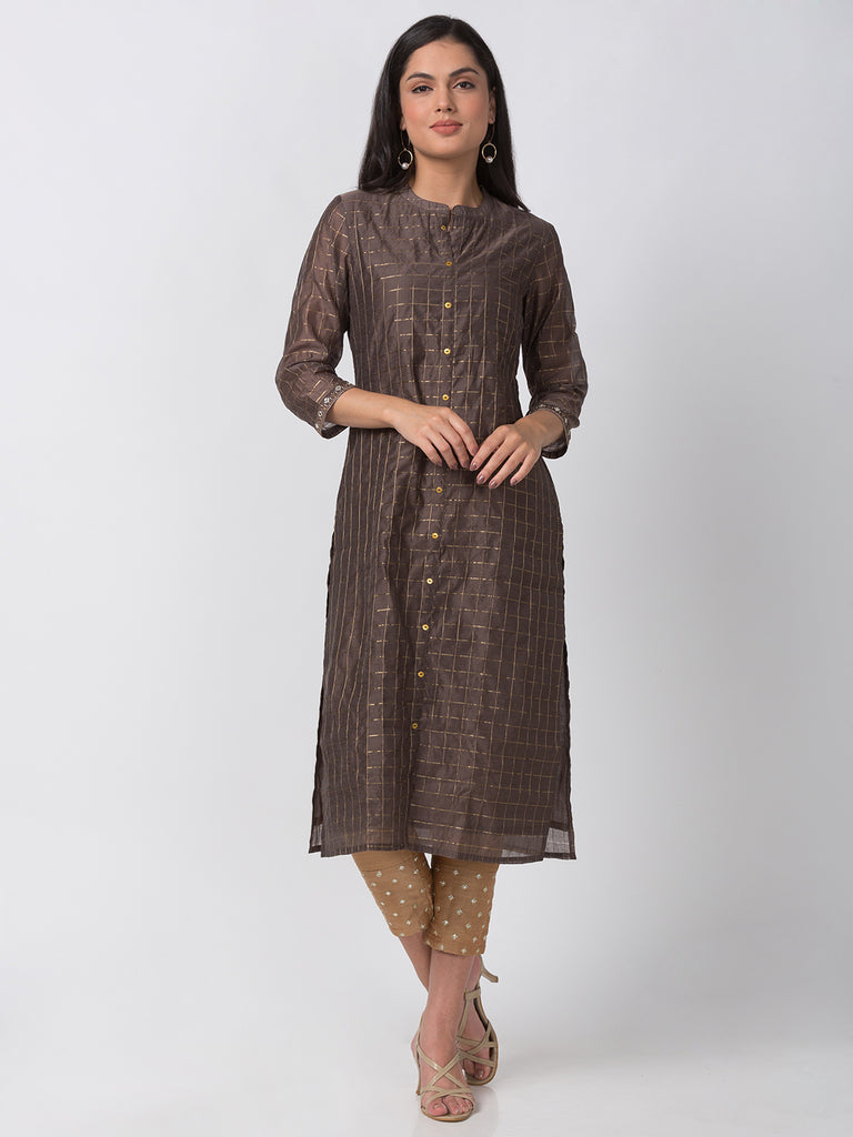 Women Straight Three-Fourth Brown Kurta