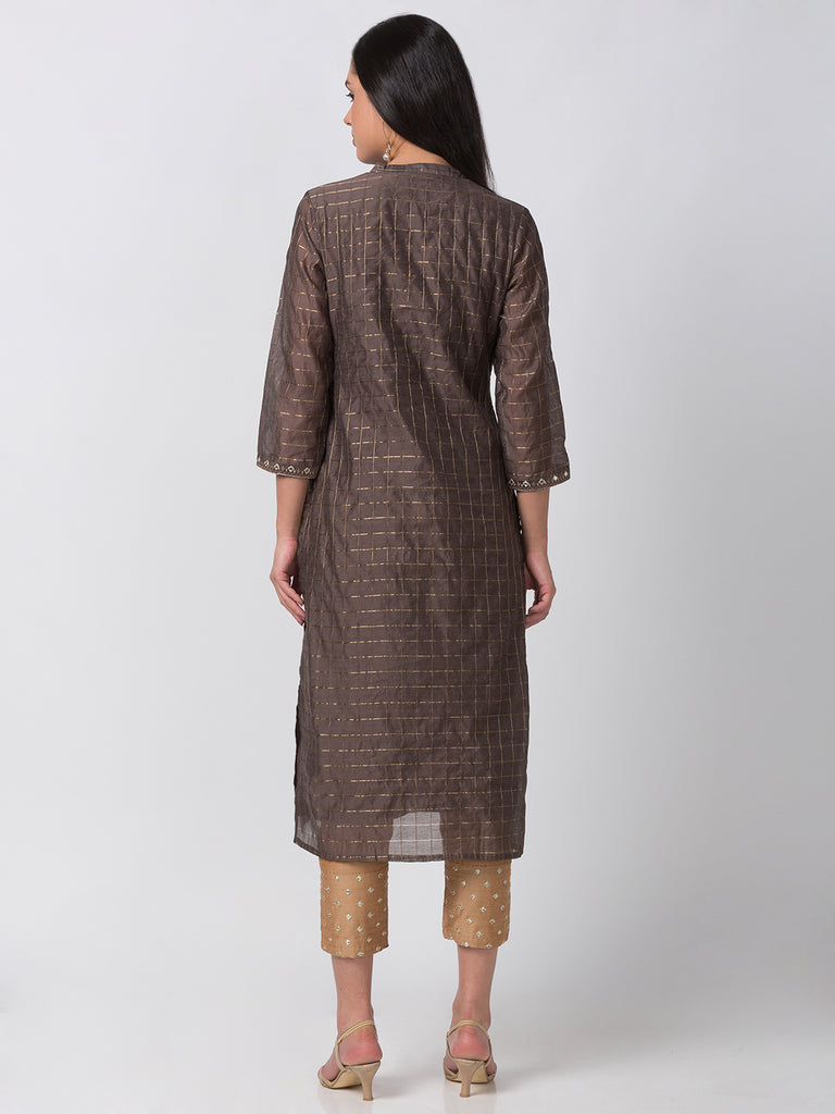 Women Straight Three-Fourth Brown Kurta
