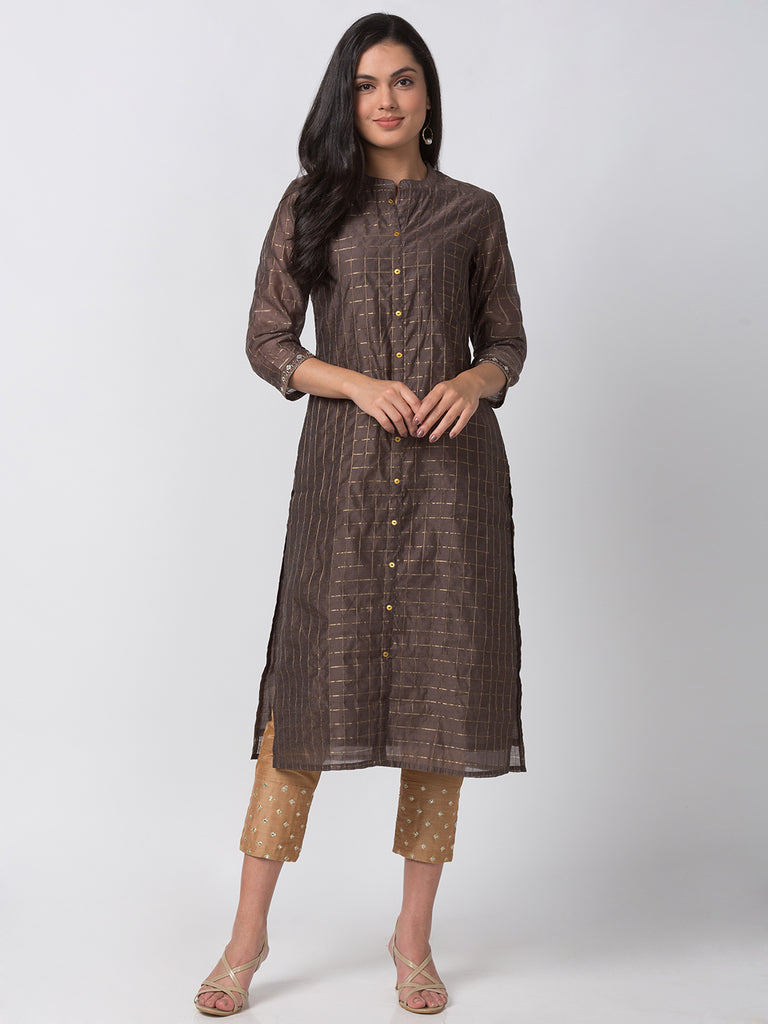 Women Straight Three-Fourth Brown Kurta