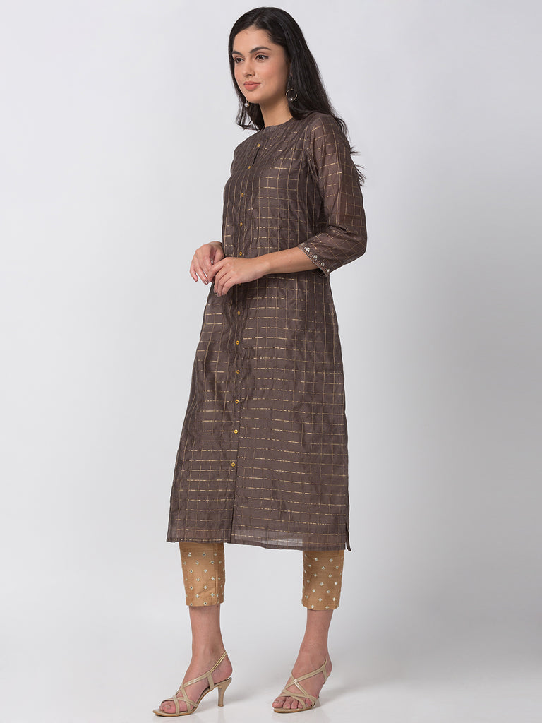 Women Straight Three-Fourth Brown Kurta