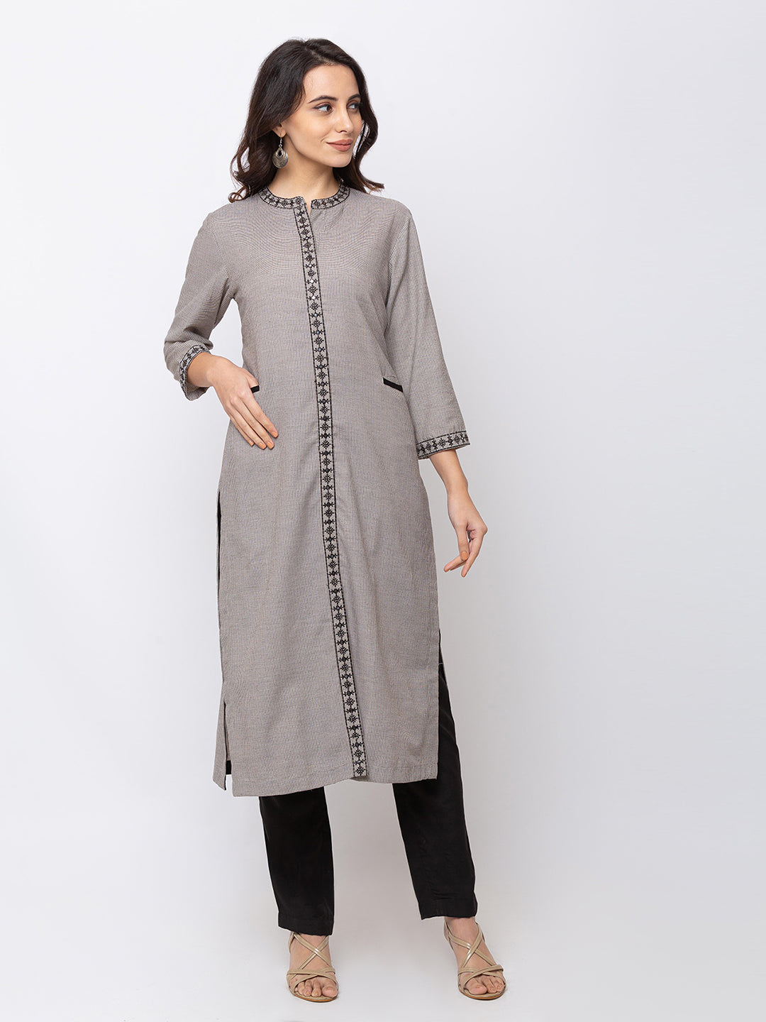 Women Straight Three-Fourth Grey Kurta