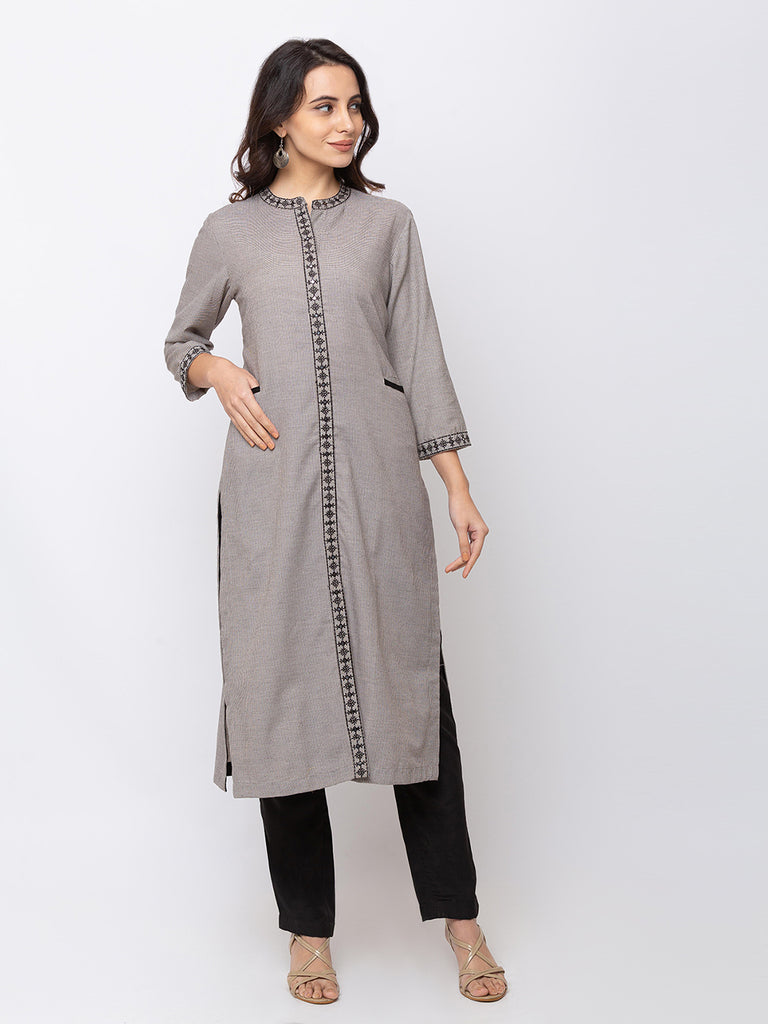 Women Straight Three-Fourth Grey Kurta