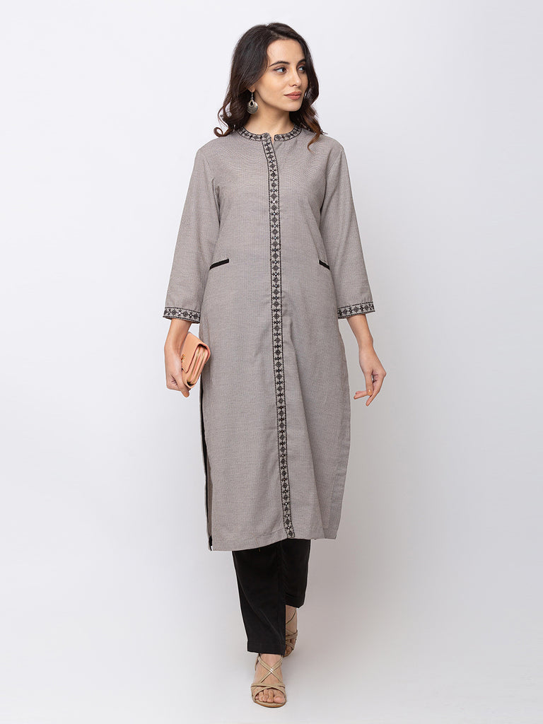 Women Straight Three-Fourth Grey Kurta