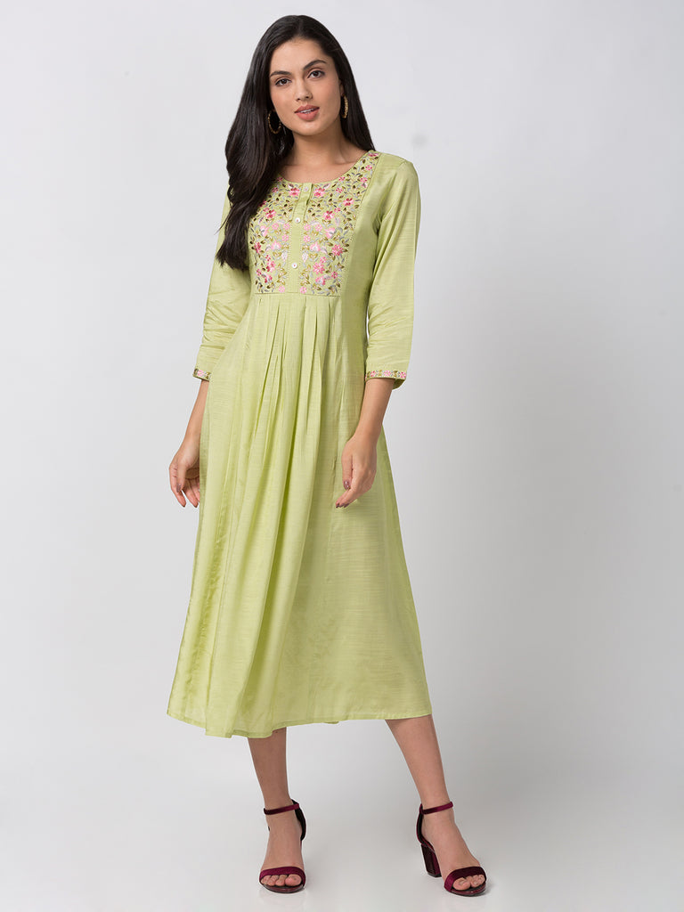 Women Gathered Three-Fourth Sap Green Kurta