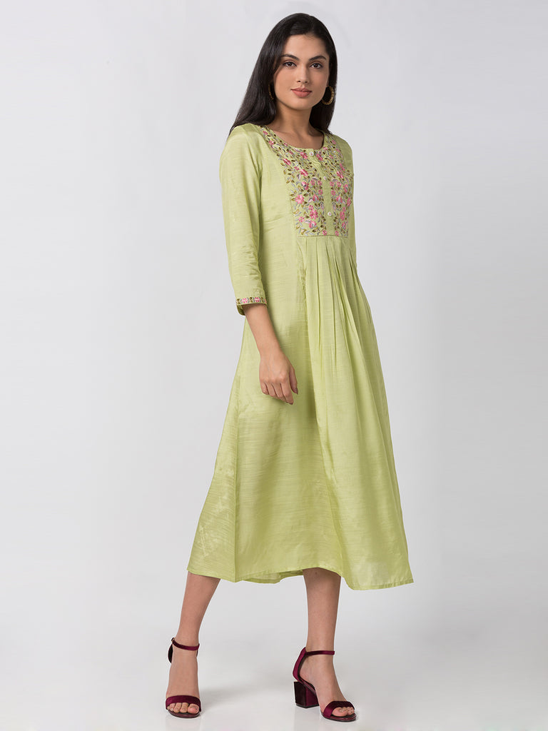 Women Gathered Three-Fourth Sap Green Kurta