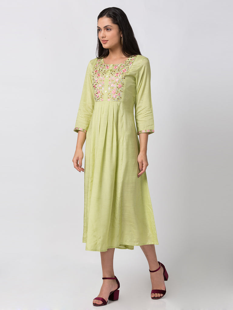 Women Gathered Three-Fourth Sap Green Kurta