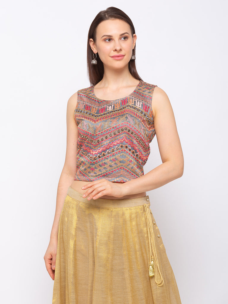Silk Blend Women Grey Crop Top