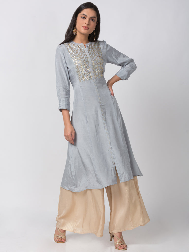 Women A Line Three-Fourth Grey Kurta