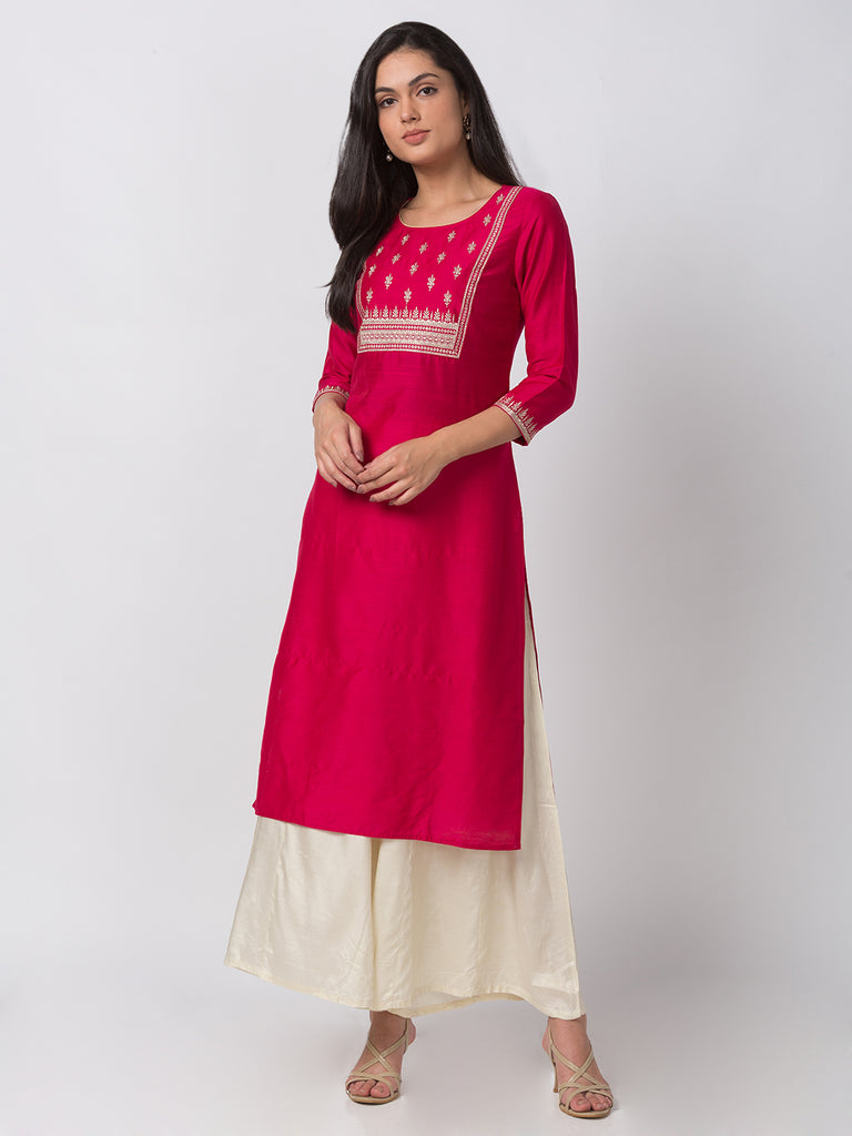 Women Regular Three-Fourth Fuchsia Kurta