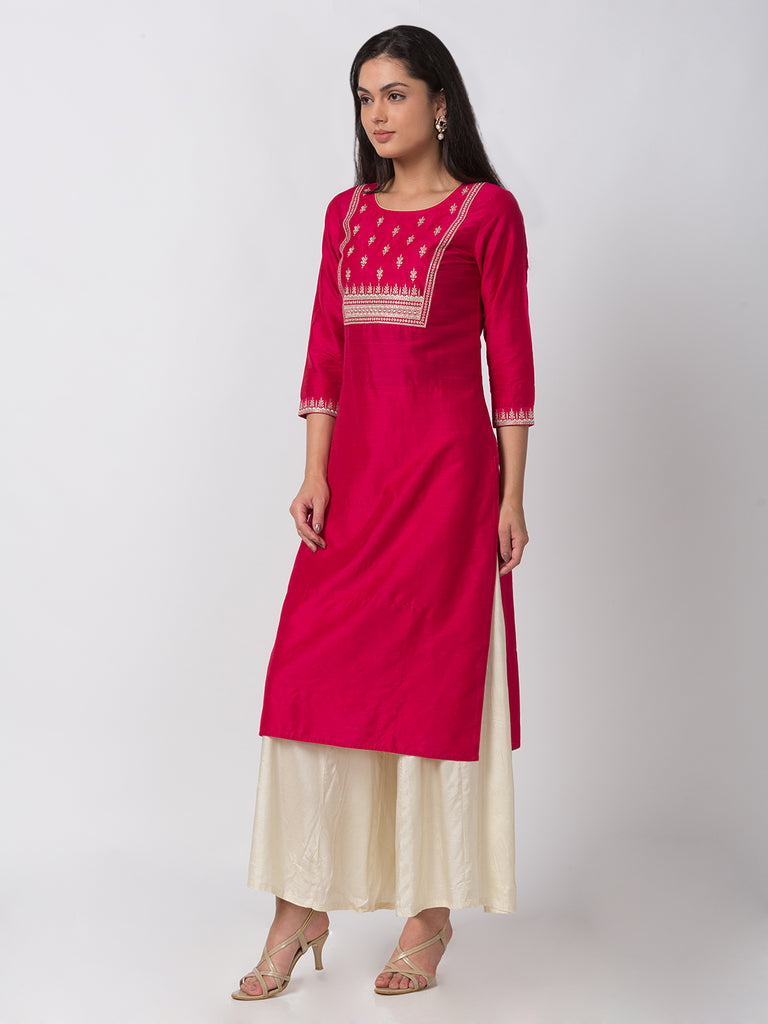 Women Regular Three-Fourth Fuchsia Kurta