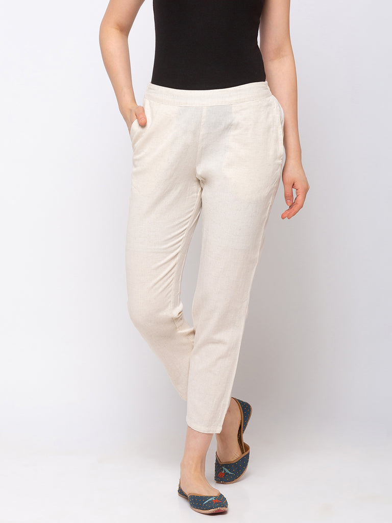 Cotton Women Off White Pants