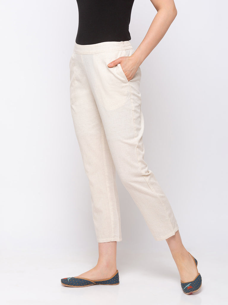 Cotton Women Off White Pants