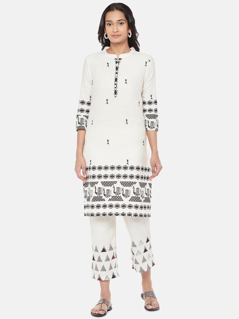 Powerloom Three-Fourth Straight Women Ecru Kurta