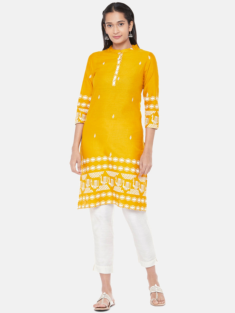 Powerloom Three-Fourth Straight Women Mustard Kurta