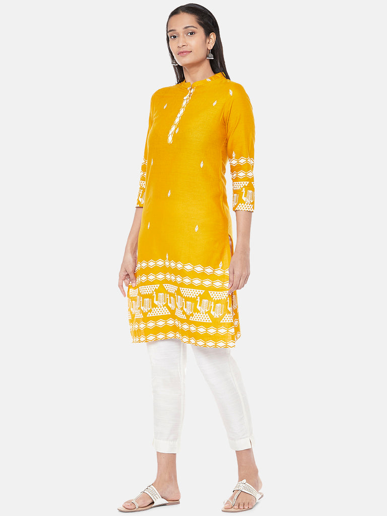 Powerloom Three-Fourth Straight Women Mustard Kurta
