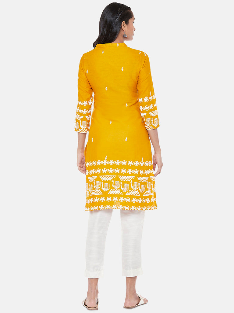 Powerloom Three-Fourth Straight Women Mustard Kurta